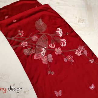 Red silk scarf hand-embroidered with peach orchids 60*200 cm